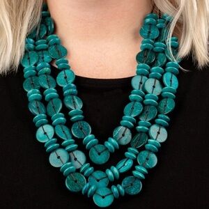Barbados Turquoise Blue Wooed Disc 13”Multi Strand Necklace & Earring’s Set